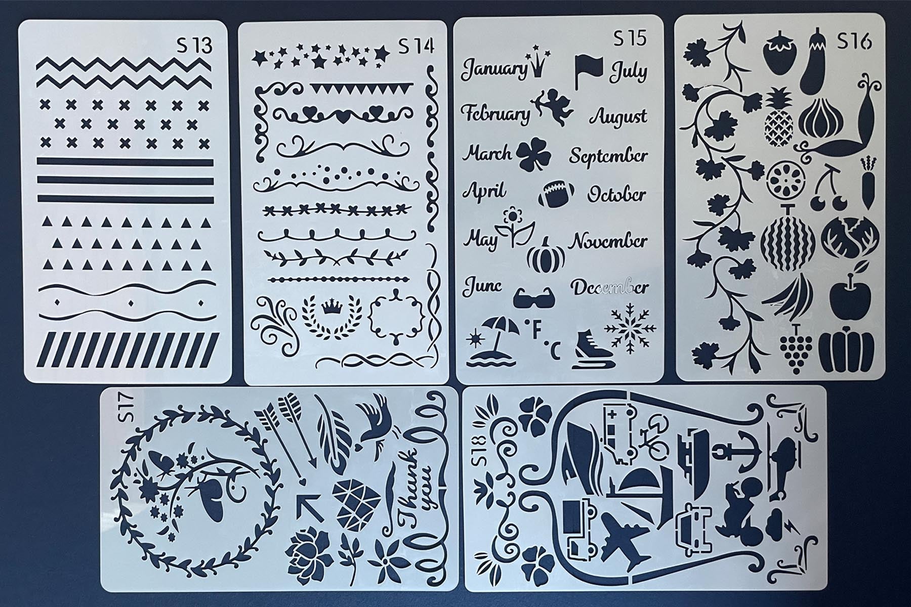 Set of 6 assorted Journalling Stencils - Set 1 - for paper crafts