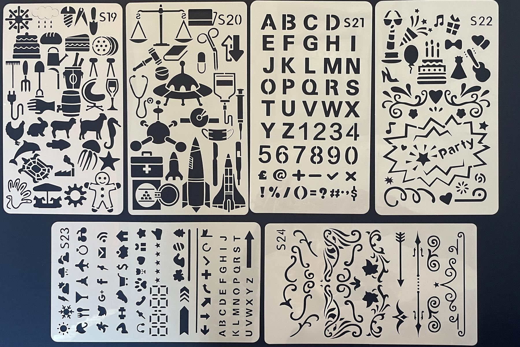 Set of 6 assorted Journalling Stencils - Set 1 - for paper crafts